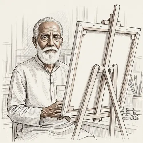 Wise Elder Man Contemplates Blank Canvas