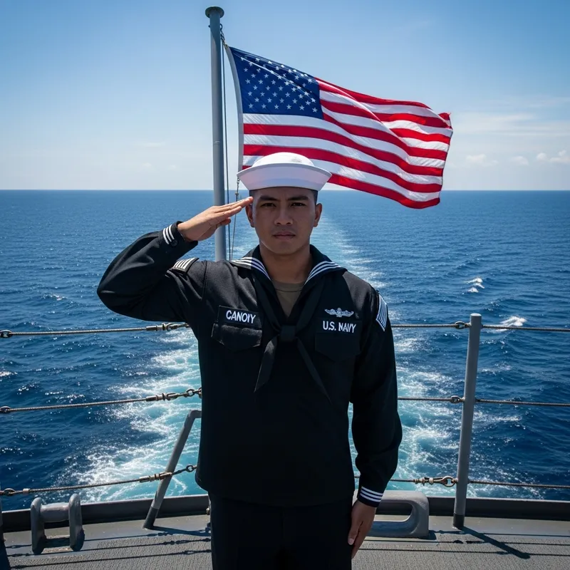 Filipino Sailor Saluting Flag on Ship Deck with Sea View