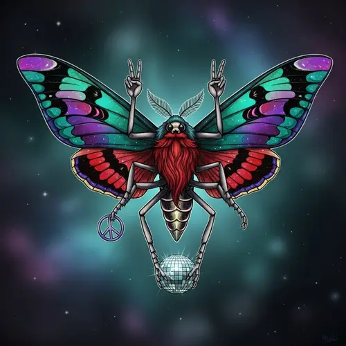 Mortality-Inspired Death Moth with Crimson Beard and Disco Ball