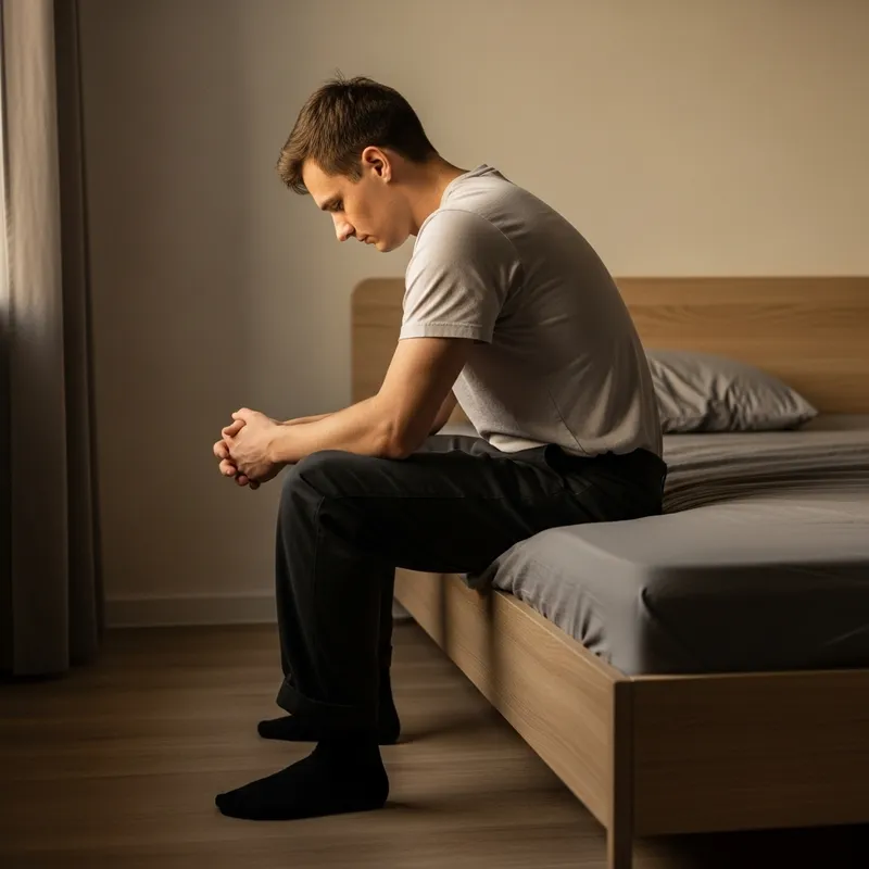 Man Sitting on Bed with Back Turned