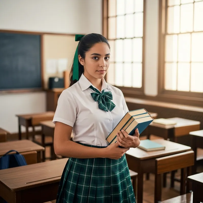 Young Hispanic Actress Embracing Schoolgirl Role