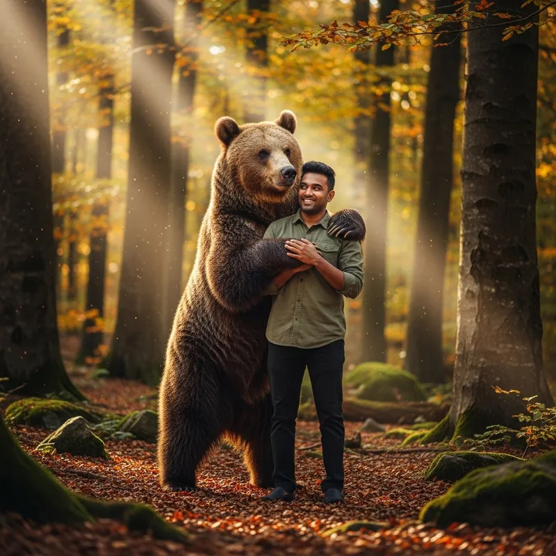 Brown Bear Embracing South Asian Man in Forest