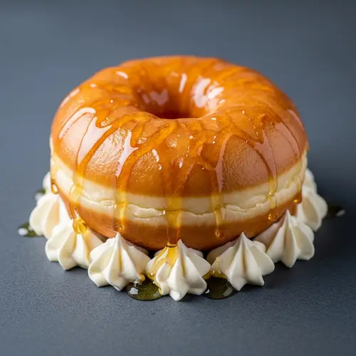 Golden-Brown Doughnut Drizzled with Honey and Cream