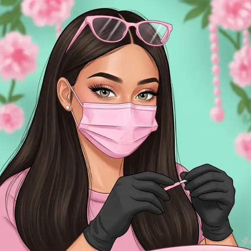 Young Hispanic Woman Manicurist with Long Hair and Pink Accessories