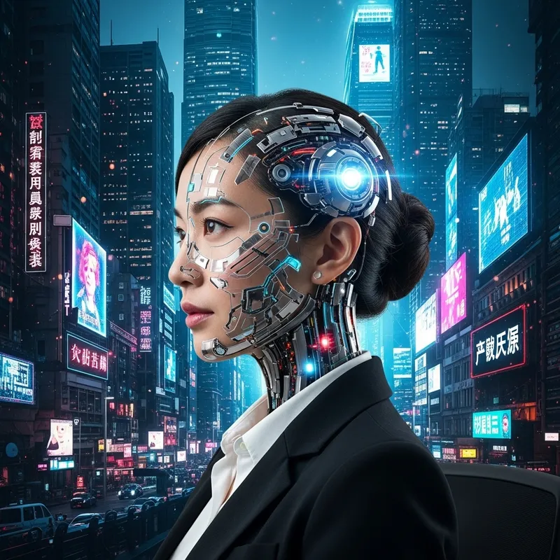 Asian Cybernetics: Human-AI Hybrid in Futuristic Cityscape