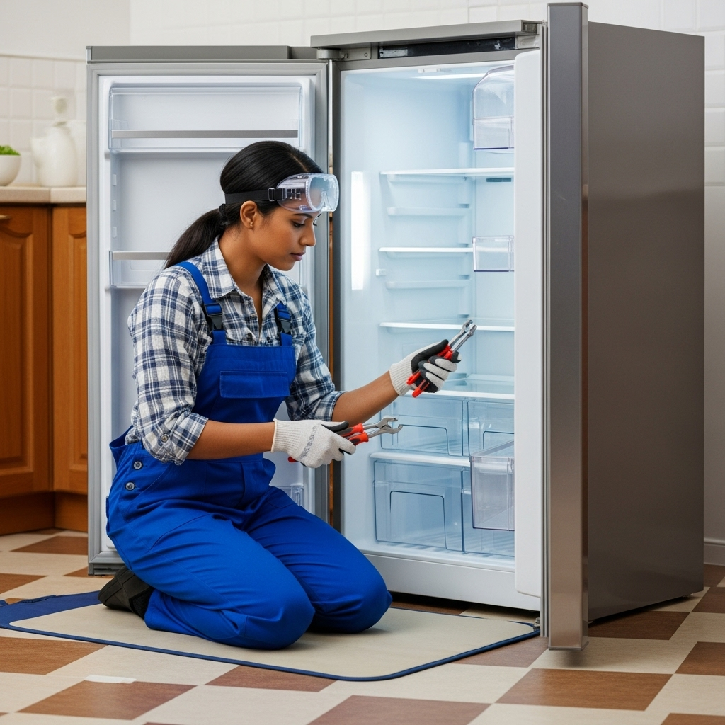 Skilled Female Appliance Technician Repairing Stainless Steel Fridge | AI Art Generator | Easy-Peasy.AI