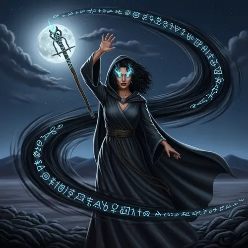 Curly Black-Haired Female Necromancer - Mystic Spells and Dark Energy