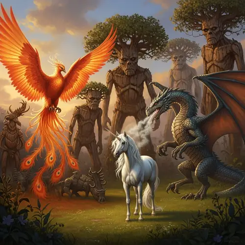 Fantasy Creatures Grand Display on Grassy Meadow