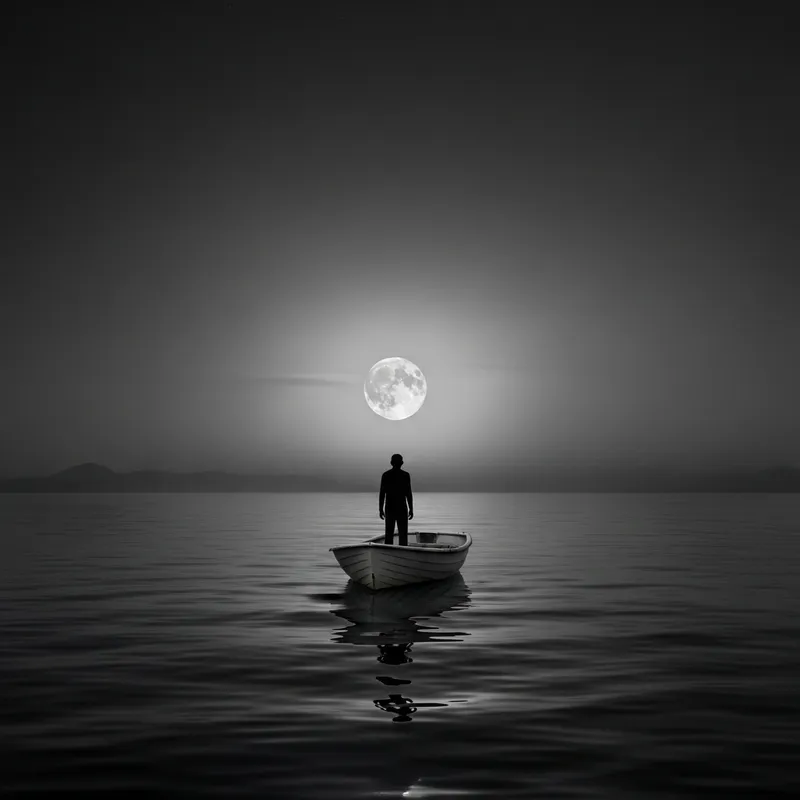 Solitude and Reflection: Minimalistic Serene Seascape Silhouette