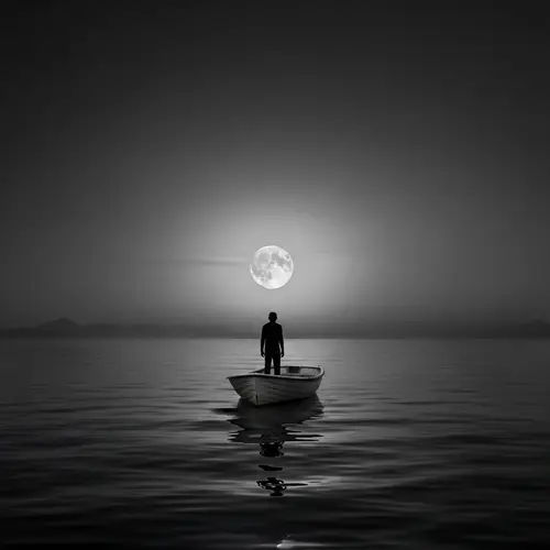 Calm Seascape Silhouette at Full Moon - Serene Nature Reflections
