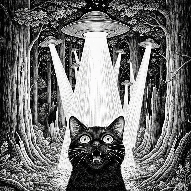 Mystical Encounter: Cat, Saucers & Forest in Chiaroscuro Mystical Encounter: Cat, Saucers & Forest in Chiaroscuro