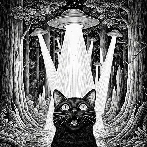 Captivated Black Cat and Flying Saucers in Ancient Forest