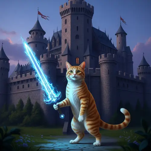Majestic Feline with Energy Sword at Stone Castle
