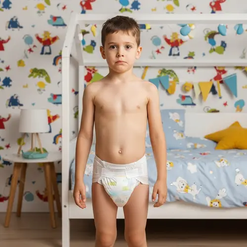 Confused Eight-Year-Old Boy in Clean Diapers | Playful Bedroom Scene
