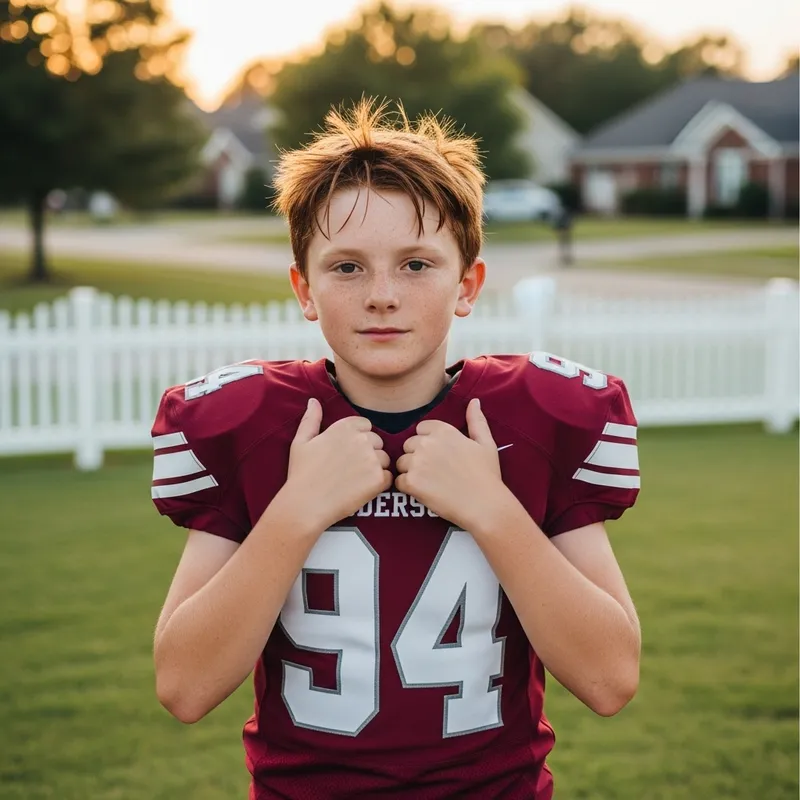 Confident Boy in Maroon Football Jersey | Suburban Sports Photography