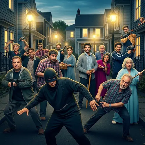 Comedic Robbery Scene in Diverse Neighborhood - Funny Situation