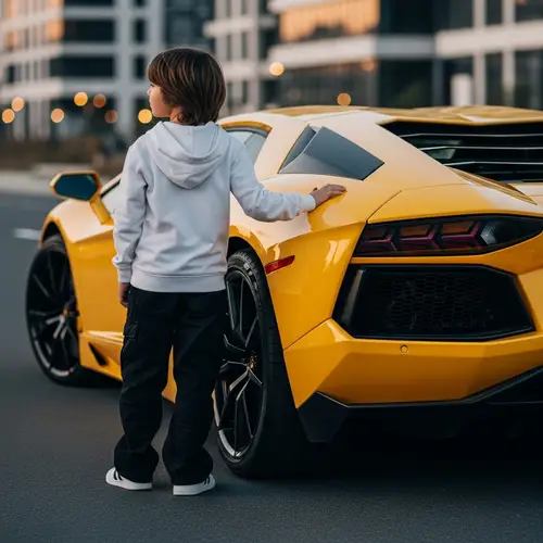 Boy in Hoodie Near Lamborghini - A Stylish Moment
