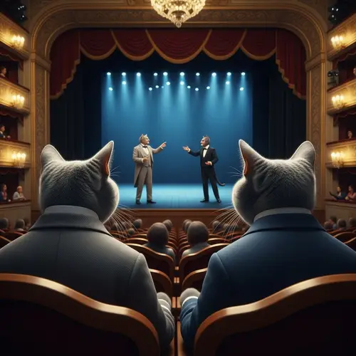 Elegant Cats in Grey and Blue Suits Enjoy Theatre Performance