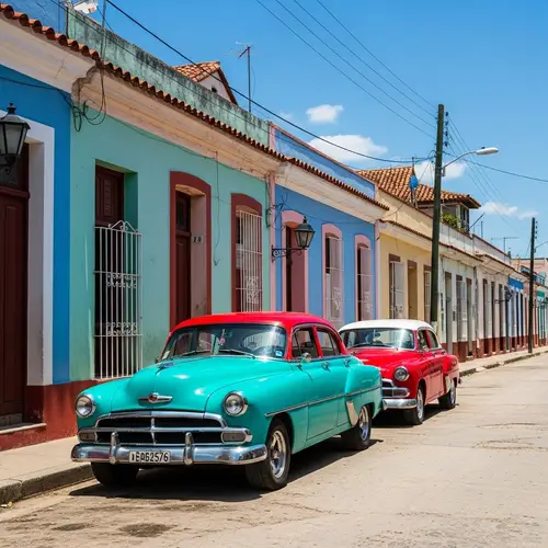 Colorful Cuban Houses & Vintage Car | Vibrant Street Scene