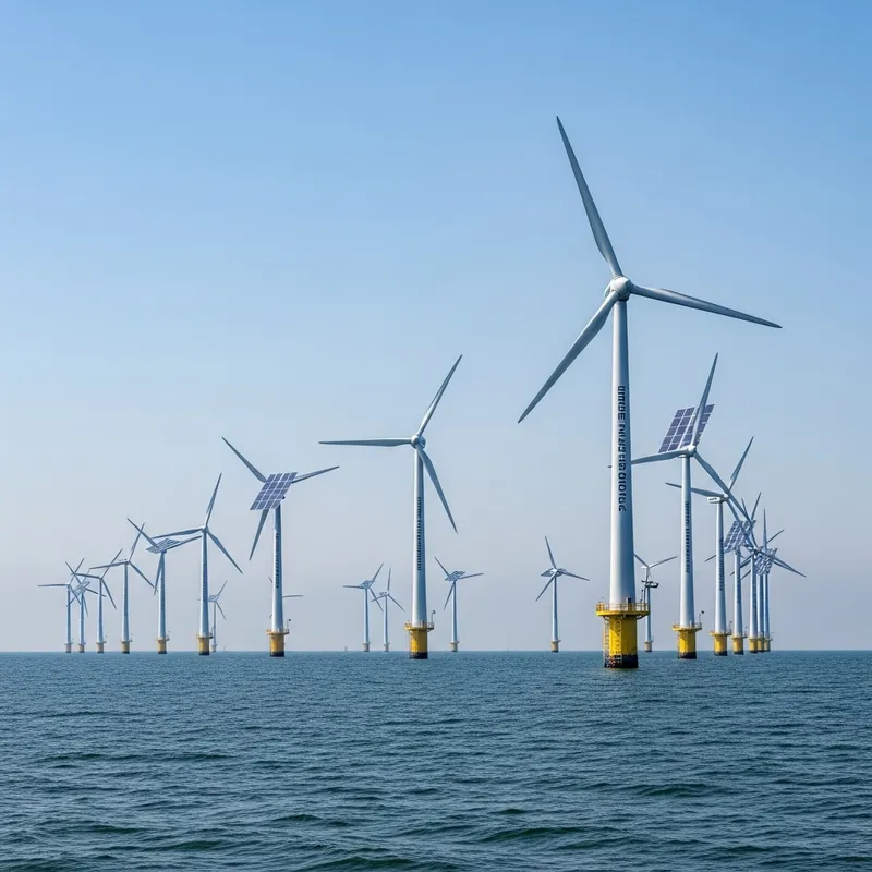 Wind Turbines and Solar Panels in Tranquil Seascape