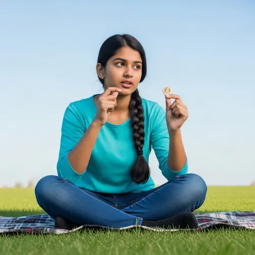 Contemplative South Asian Teenage Girl Studying Gold Coin Outdoors
