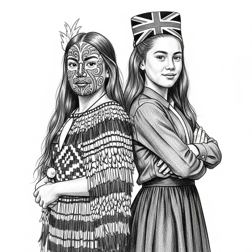 1800s Maori and British Girls Sketch: Unity of Cultures