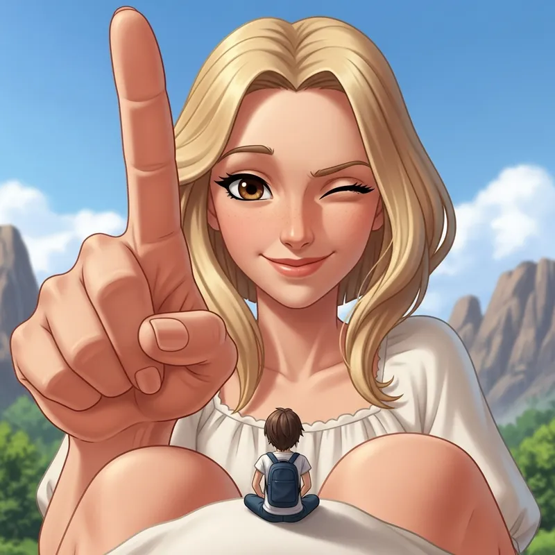 Enchanting Giant Woman in Animated Style - Playful Interaction Scene
