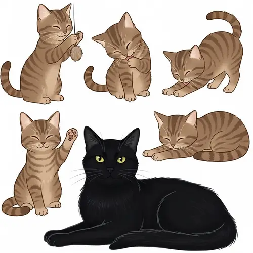 Group of Playful Cats: Dignified Black Cat & Adorable Brown Cats