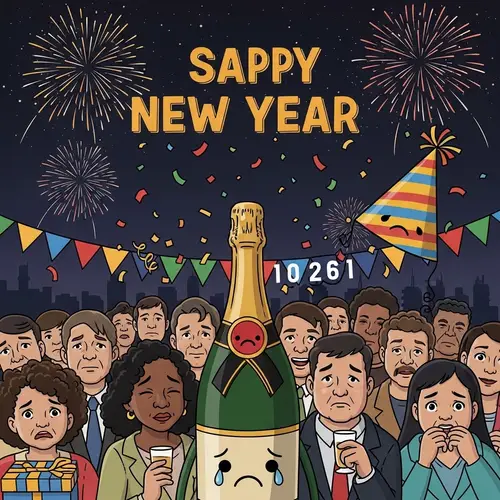 Sad New Year Art: Humorous Scene with Anthropomorphic Characters