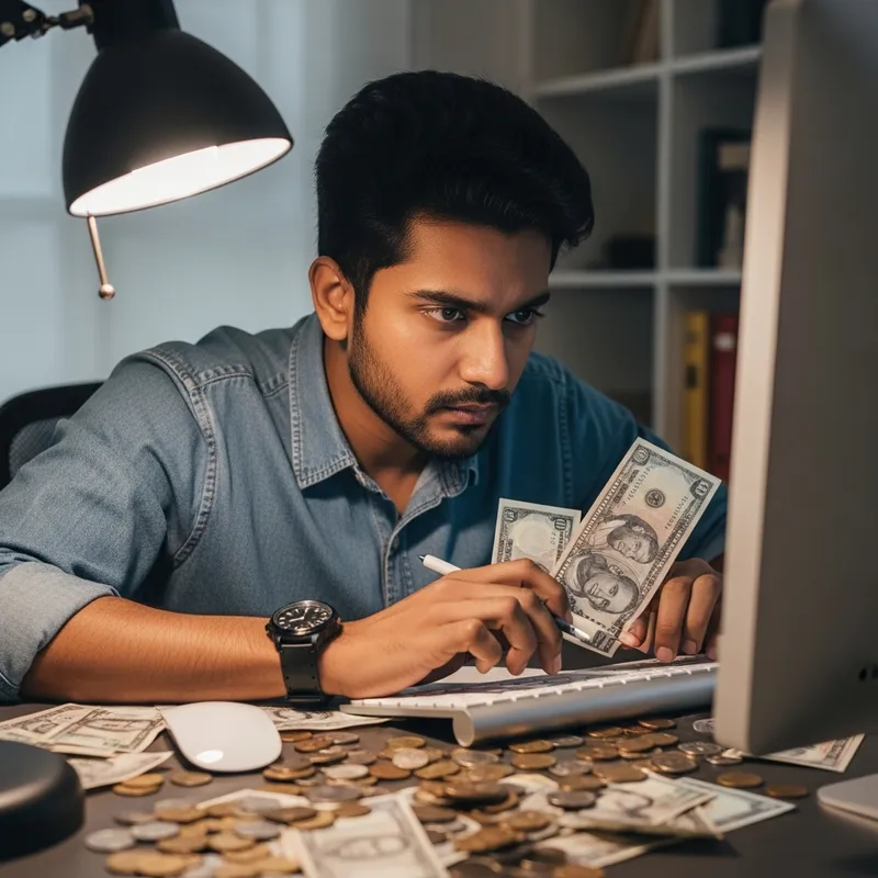 Focused Man Studying Online Surrounded by Money