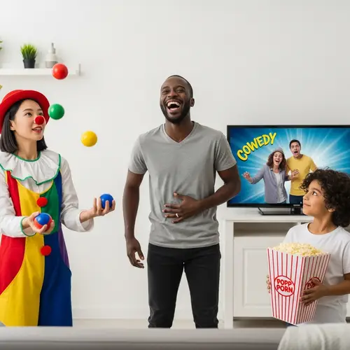Humorous Clown Juggling Scene with Laughter and Amusement