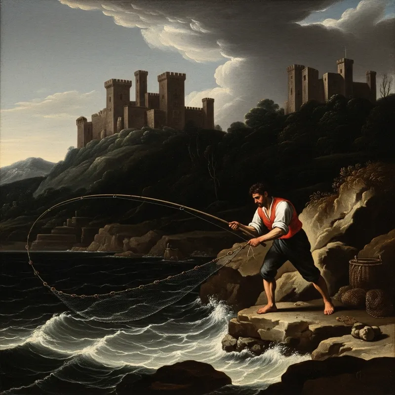 Dark Caravaggio-Style Oil Painting of Fisherman Casting Net with Moorish Castle on Rugged Rocks