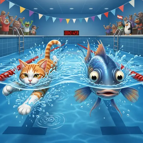 Cat vs Fish Swimming Race: Who Will Win?