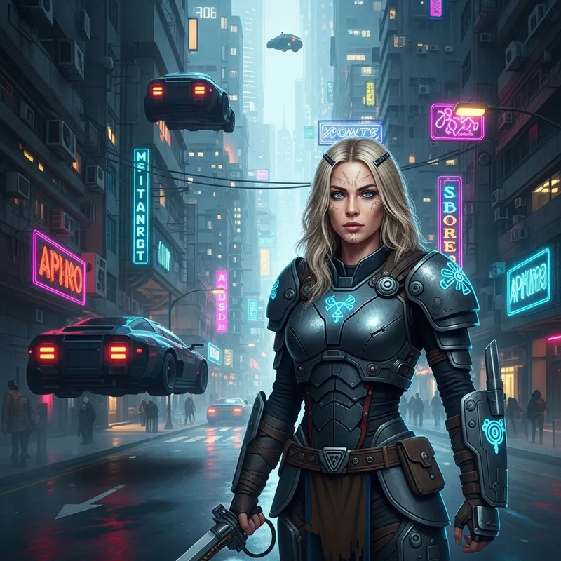 Viking Girl in a Cyberpunk Cityscape
