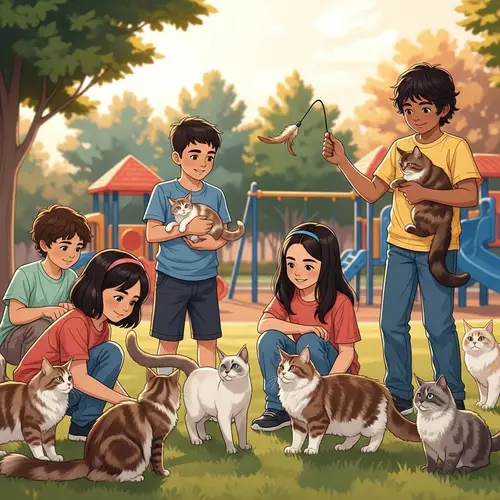 Children Playing with Cats in Diverse Community Park