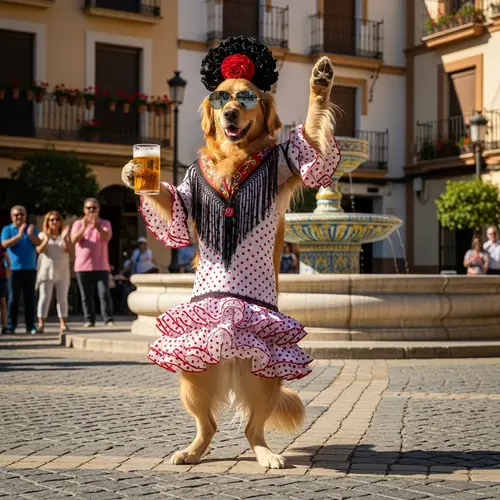 Dancing Dog in Town Square with Sunglasses and Beer