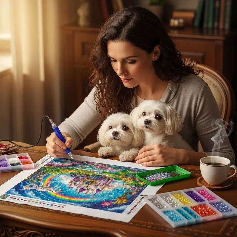 Woman with Dark Brown Curly Hair Crafting Fantasy Diamond Painting with Maltese Dogs Woman with Dark Brown Curly Hair Crafting Fantasy Diamond Painting with Maltese Dogs