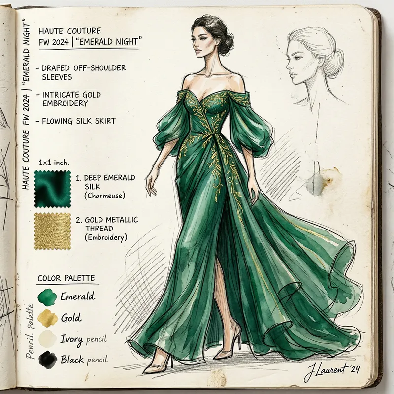 Elegant Evening Gown Fashion Sketch in Emerald Green
