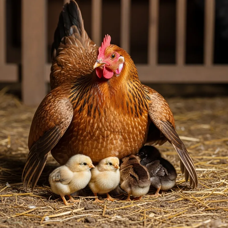 Mother Hen Sheltering Fluffy Chicks | Rustic Barnyard Scene
