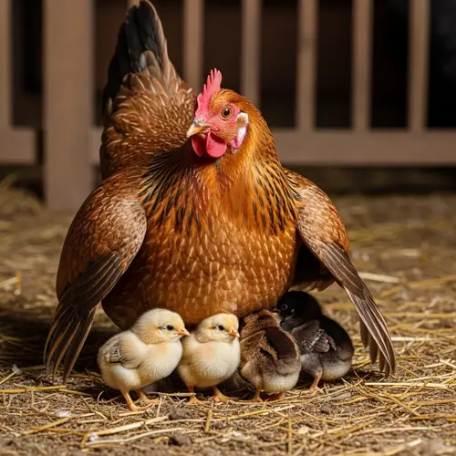 Mother Hen Protecting Three Fluffy Chicks | Barnyard Wildlife
