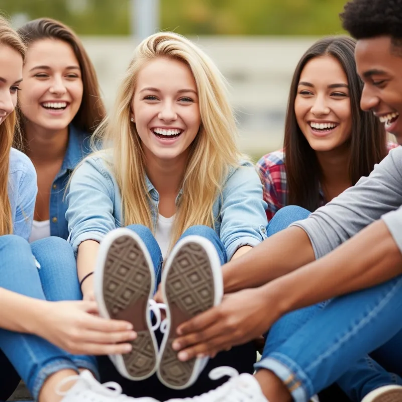 Joyful High School Scene with Blonde Student Tickled by Classmates