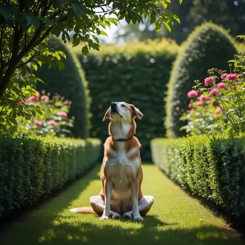 Tranquil Garden Scene with Meditating Dog