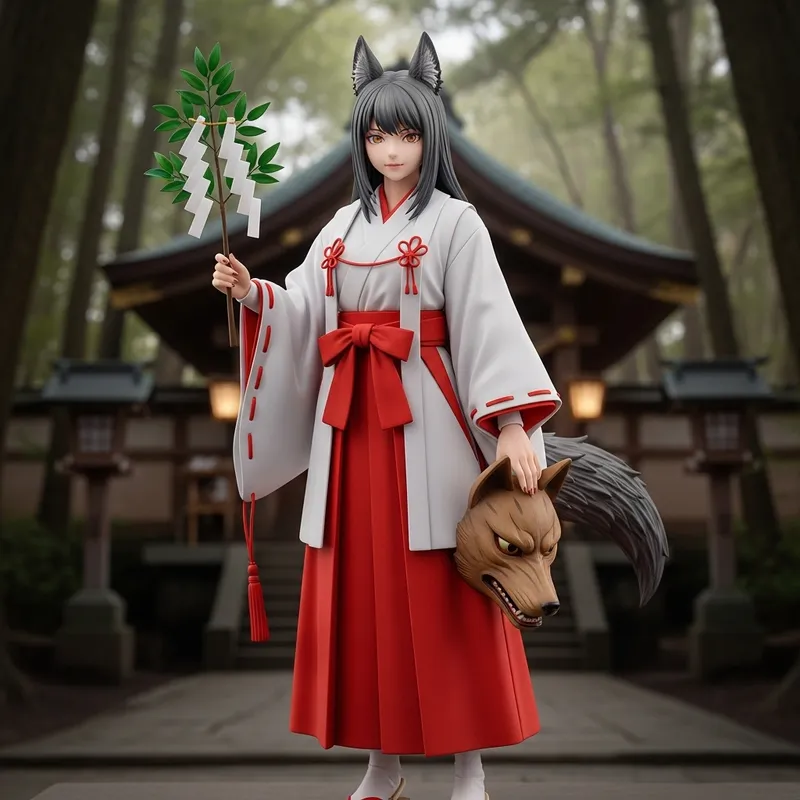 Wolf Toji - Traditional Japanese Shrine Maiden with Lupine Features