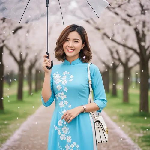 Beautiful Southeast Asian Woman in Blue Ao Dai Dress