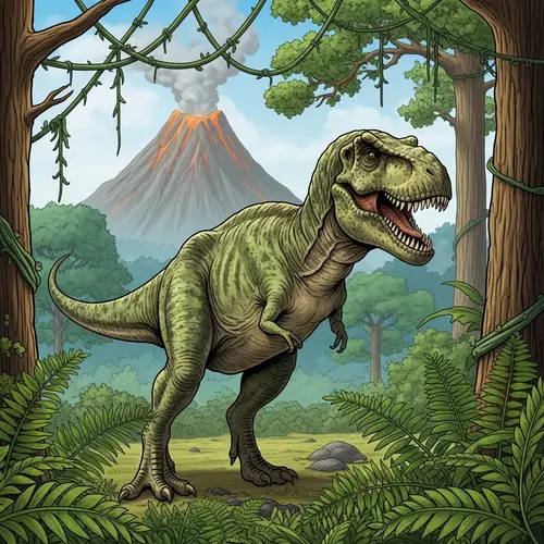 Detailed T-Rex Dinosaur Roaming in Lush Prehistoric Jungle