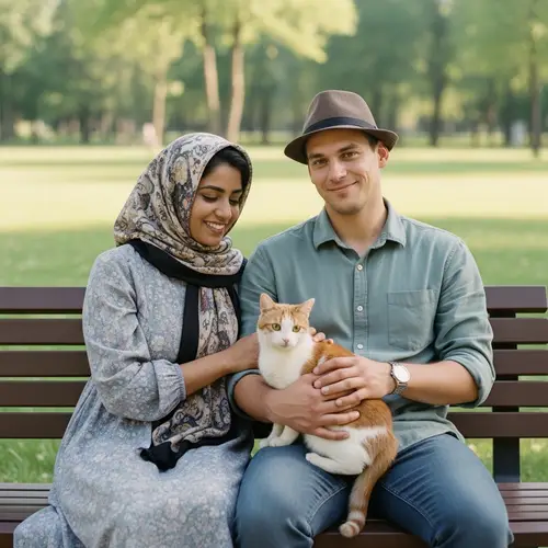 Romantic Park Bench Moment with Friendly Cat - Love and Tranquility