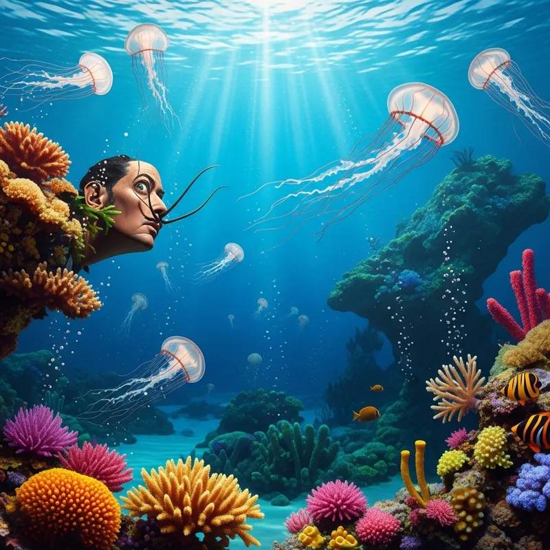 Vibrant Underwater Fantasy: Dalí-Inspired Jellyfish & Coral Reefs