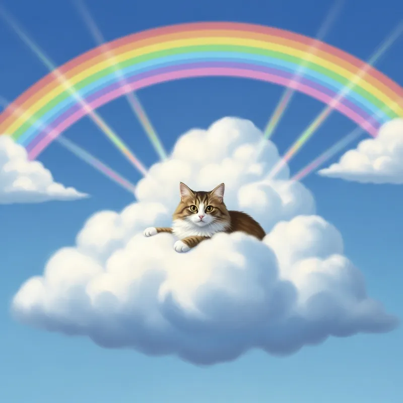 Fluffy Cat in Cloud with Rainbow Fluffy Cat in Cloud with Rainbow