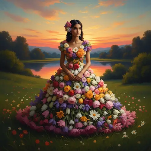 Tranquil Landscape at Sunset with Girl in Monet Style Dress