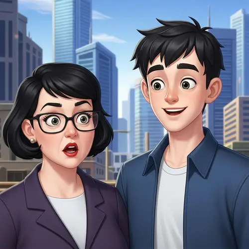 Modernistic City Scene: Woman and Boy in Expressive Moment